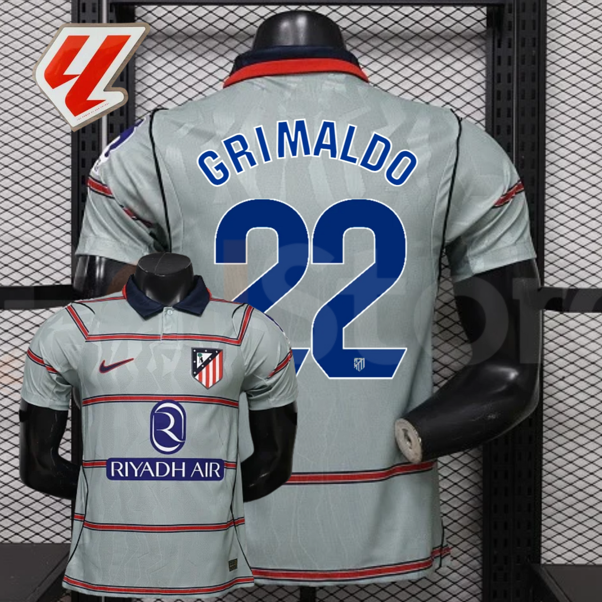 Front and back views of a light grey Atlético Madrid short-sleeve jersey with red horizontal stripes, blue Grimaldo number 22 print and Riyadh Air sponsor, alongside a LaLiga graphic.