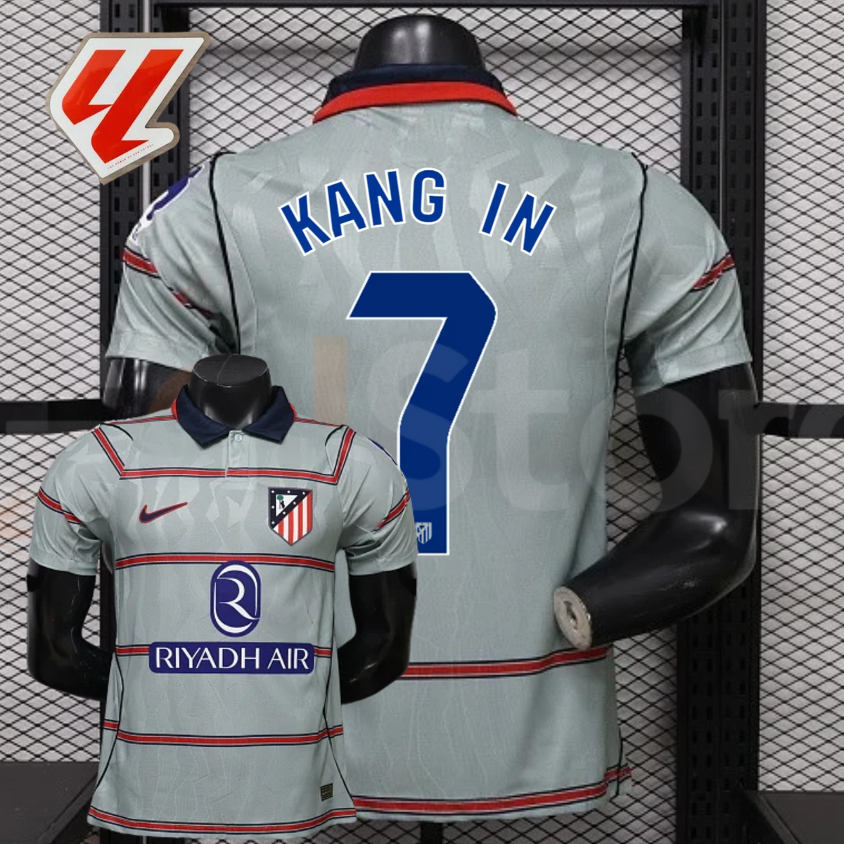 Front and back views of a light grey Atlético Madrid short-sleeve jersey with red horizontal stripes, blue Kang In number 7 print and Riyadh Air sponsor, alongside a LaLiga graphic.