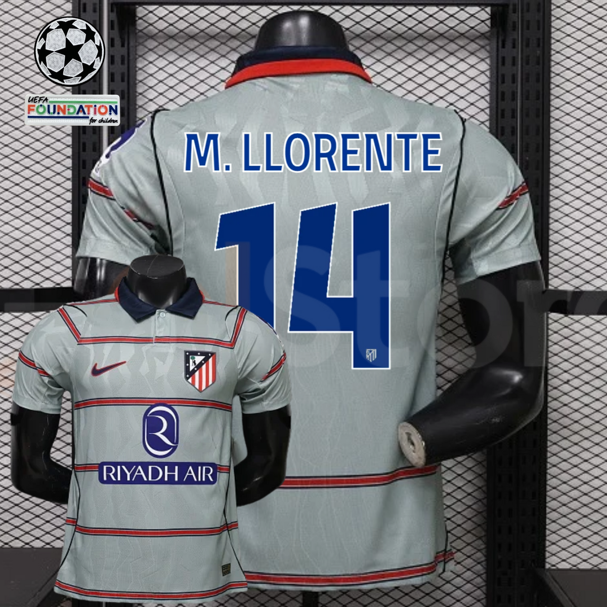  Front and back views of a light grey Atlético Madrid short-sleeve jersey with red horizontal stripes, blue M. Llorente number 14 print and Riyadh Air sponsor, alongside UCL graphics.