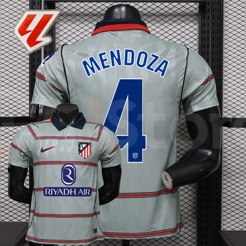  Front and back views of a light grey Atlético Madrid short-sleeve jersey with red horizontal stripes, blue Mendoza number 4 print and Riyadh Air sponsor, alongside a LaLiga graphic.