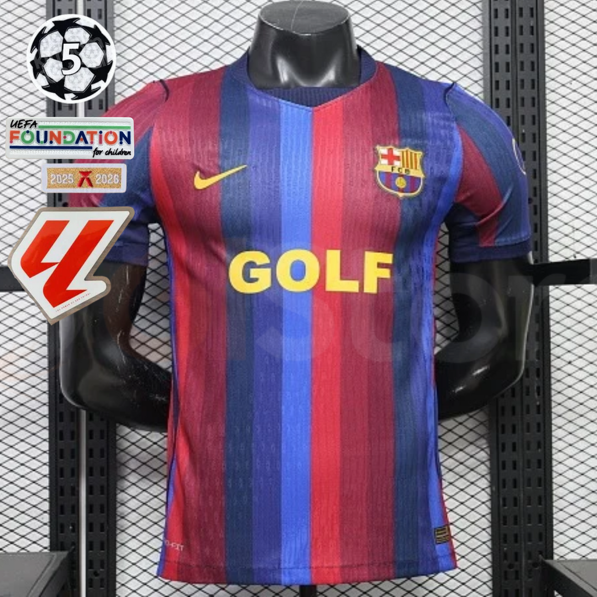  Front view of a red and blue striped Barcelona short-sleeve jersey with yellow GOLF sponsor lettering, club crest and Nike logo, alongside UCL and LaLiga graphics.