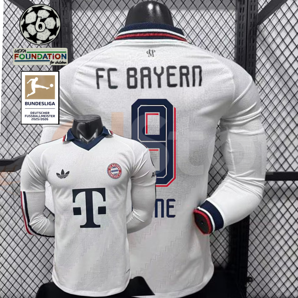 Front and back views of a white Bayern Munich long-sleeve jersey with a dark collar, red and dark detailing and Kane number 9 print, alongside UCL and Bundesliga patch graphics.