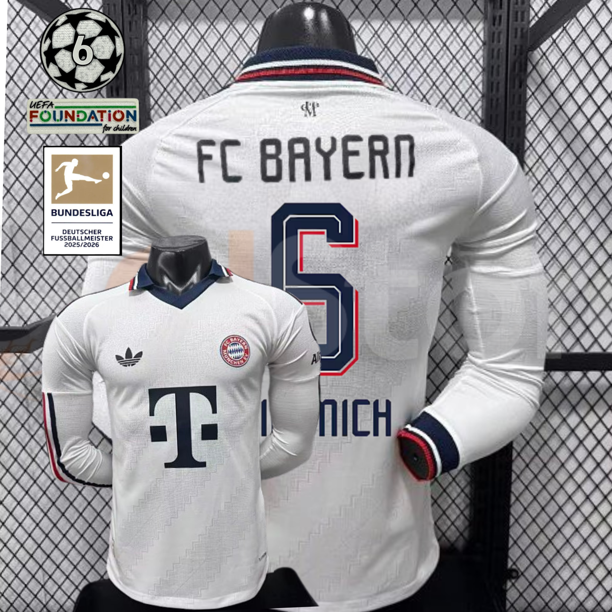 Front and back views of a white Bayern Munich long-sleeve jersey with a dark collar, red and dark sleeve detailing and Kimmich number 6 print, alongside UCL and Bundesliga patch graphics.