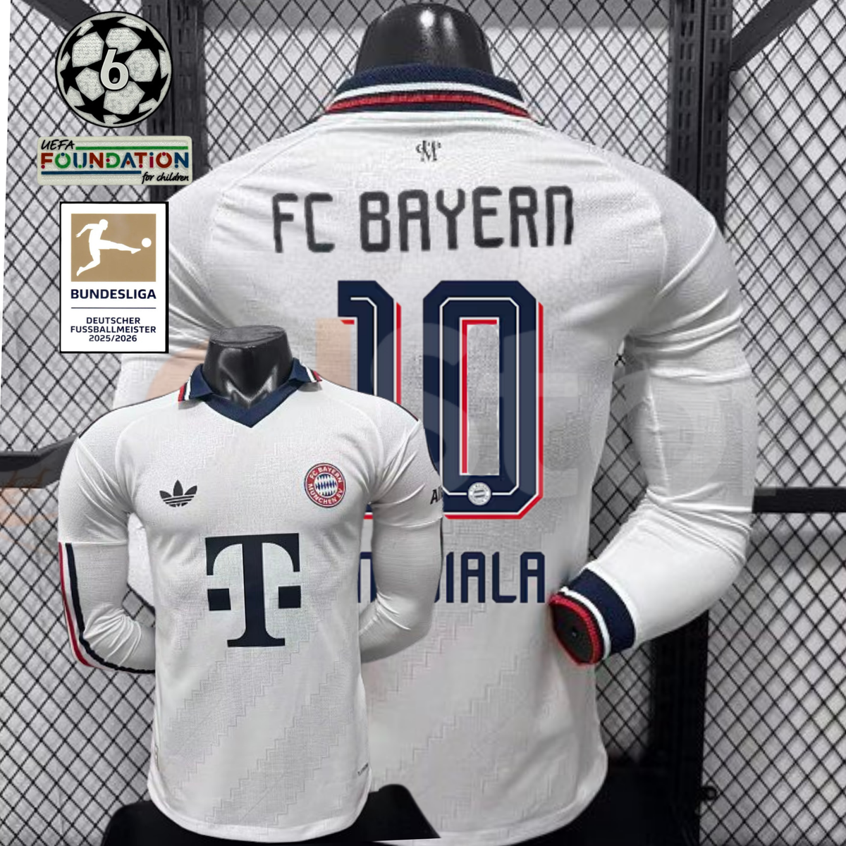 Front and back views of a white Bayern Munich long-sleeve jersey with a dark collar, red and dark detailing and Musiala number 10 print, alongside UCL and Bundesliga patch graphics