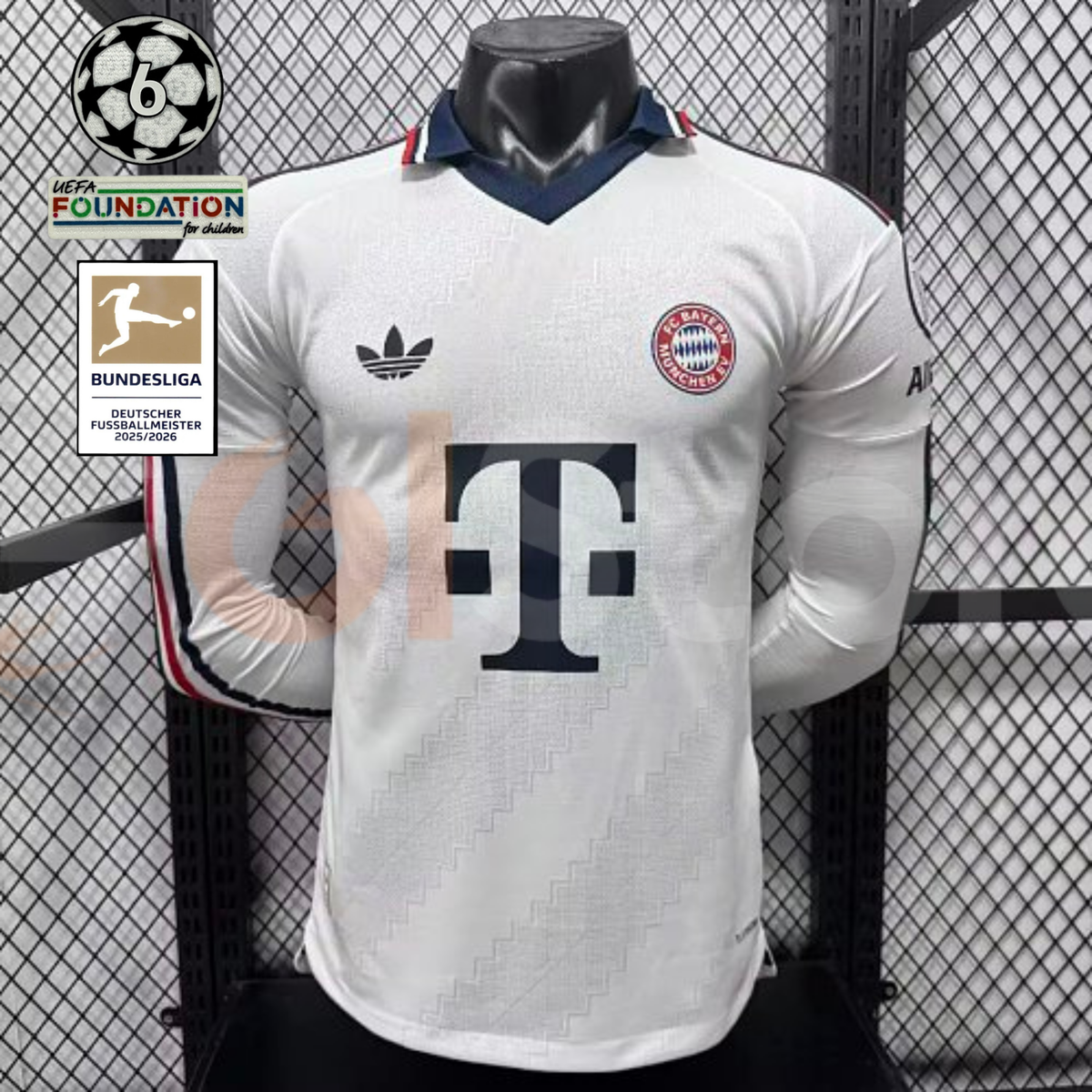 Front view of a white Bayern Munich long-sleeve jersey with a dark collar, red and dark sleeve stripes, club crest and large Telekom sponsor, alongside UCL and Bundesliga patch graphics.