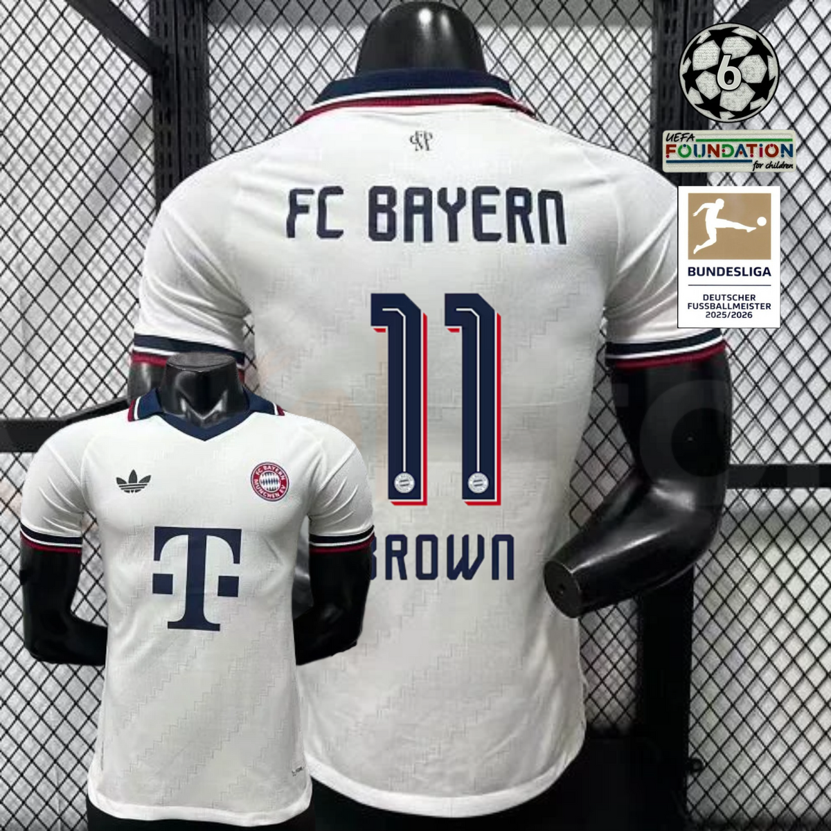 Front and back views of a white Bayern Munich short-sleeve away jersey with a navy collar, burgundy trim and navy Brown number 11 print.