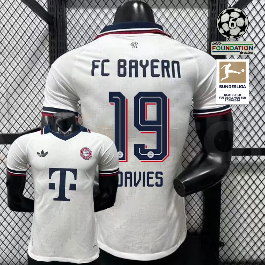 Front and back views of a white Bayern Munich short-sleeve away jersey with a navy collar, burgundy trim and navy Davies number 19 print.