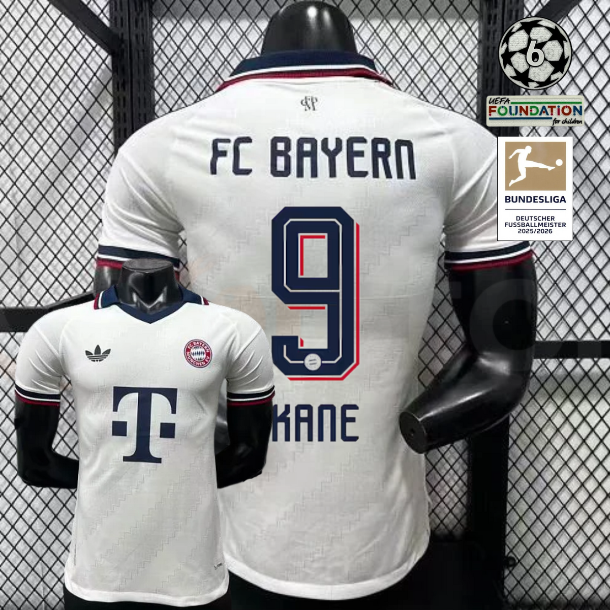 Front and back views of a white Bayern Munich short-sleeve away jersey with a navy collar, burgundy trim and navy Kane number 9 print.