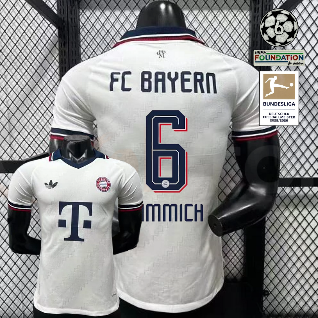 Front and back views of a white Bayern Munich short-sleeve away jersey with a navy collar, burgundy trim and navy Kimmich number 6 print.