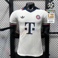  Front view of a white Bayern Munich short-sleeve away jersey with a navy collar, burgundy sleeve trim, club crest and navy Telekom sponsor.
