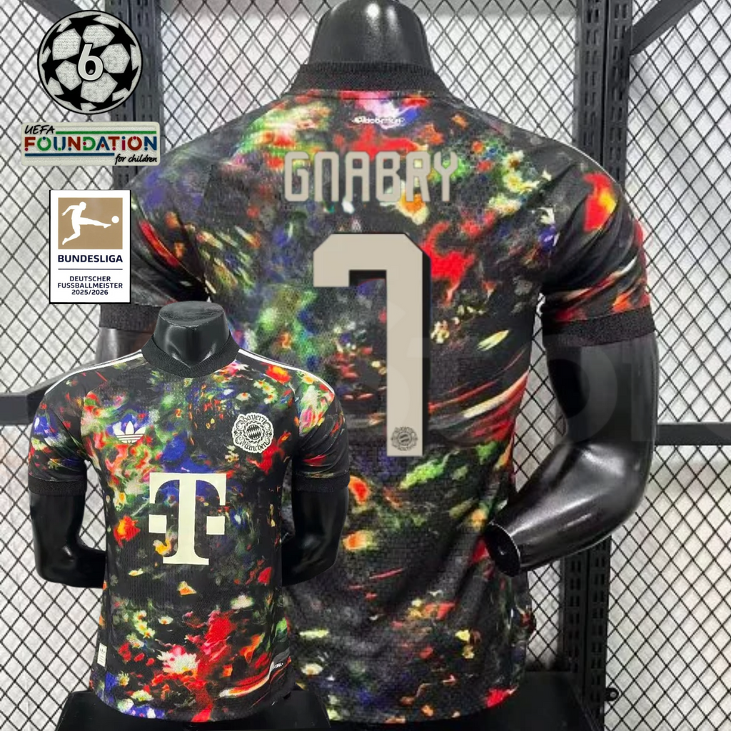 Front and back views of a black Bayern Munich short-sleeve jersey with a multicolored abstract design, cream Gnabry number 7 print and Telekom sponsor, alongside UCL and Bundesliga graphics.