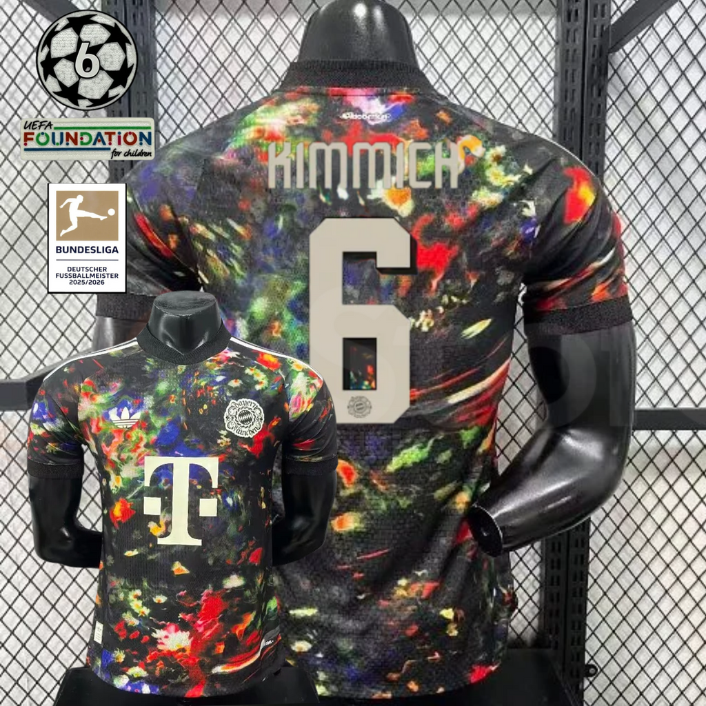 Front and back views of a black Bayern Munich short-sleeve jersey with a multicolored abstract design, cream Kimmich number 6 print and Telekom sponsor, alongside UCL and Bundesliga graphics.