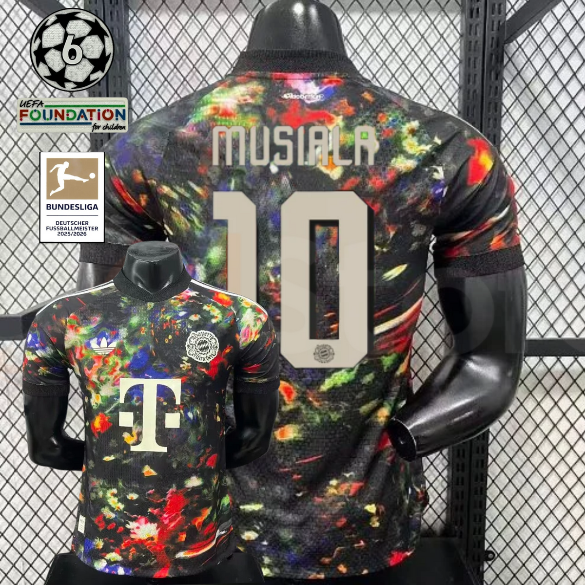 Front and back views of a black Bayern Munich short-sleeve jersey with a multicolored abstract design, cream Musiala number 10 print and Telekom sponsor, alongside UCL and Bundesliga graphics.