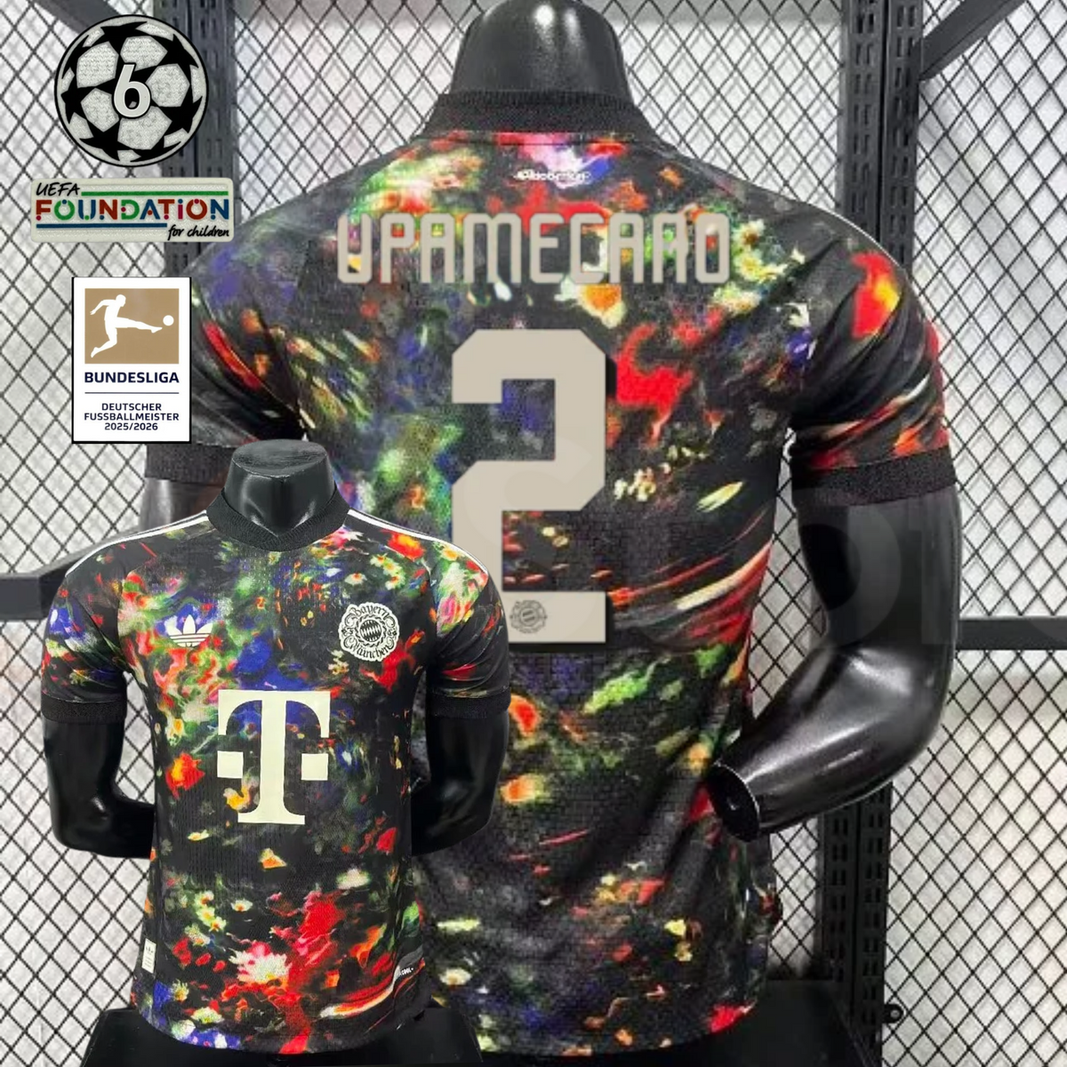  Front and back views of a black Bayern Munich short-sleeve jersey with a multicolored abstract design, cream Upamecano number 2 print and Telekom sponsor, alongside UCL and Bundesliga graphics.