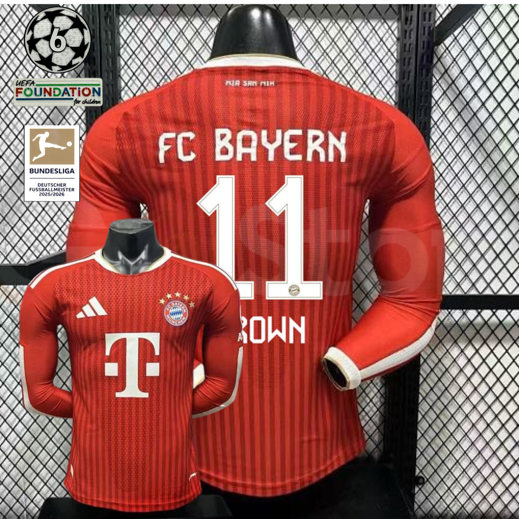 Front and back views of a red Bayern Munich long-sleeve home jersey with tonal stripes, white Brown number 11 print and Telekom sponsor, alongside UCL and Bundesliga badge graphics.