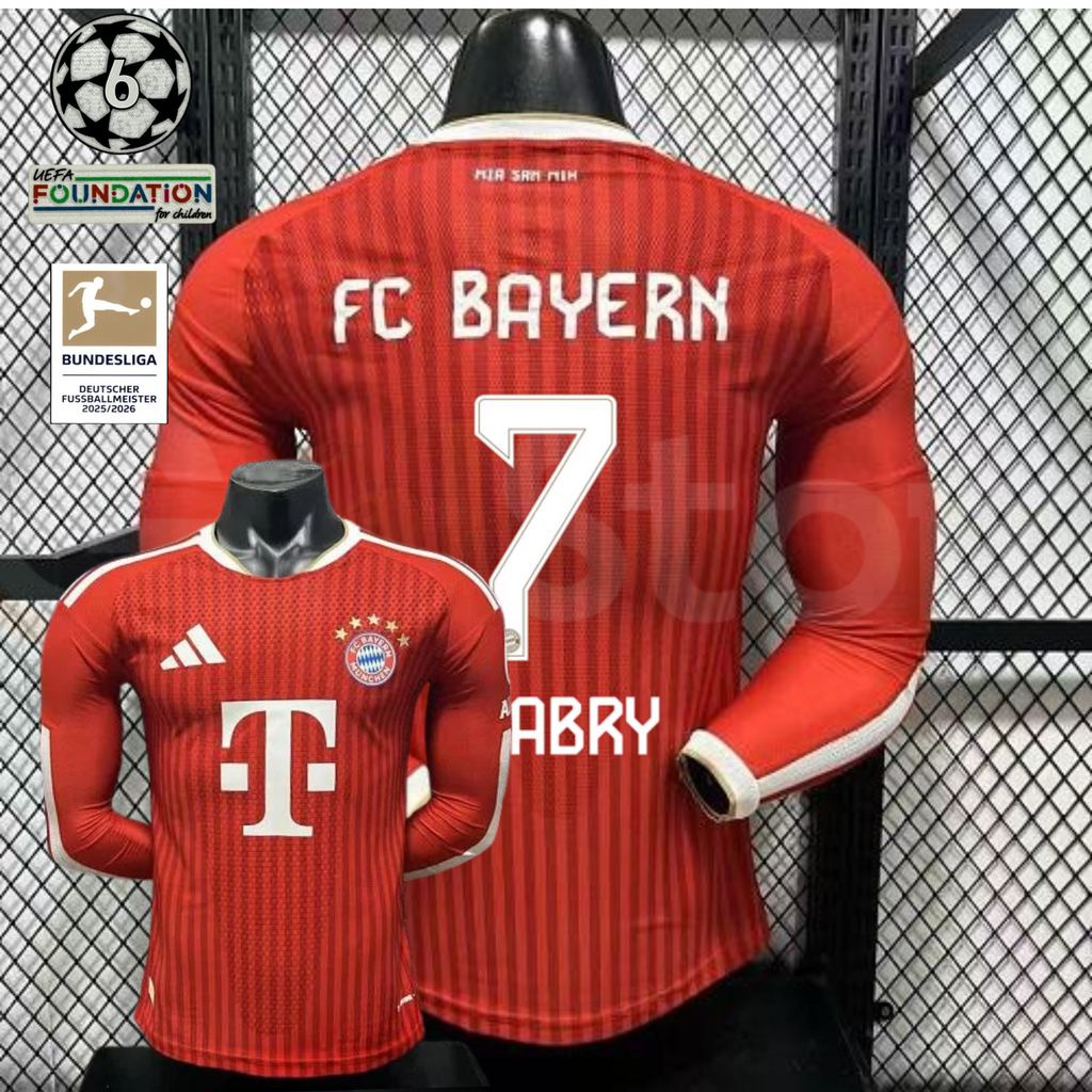  Front and back views of a red Bayern Munich long-sleeve home jersey with tonal stripes, white Gnabry number 7 print and Telekom sponsor, alongside UCL and Bundesliga badge graphics.