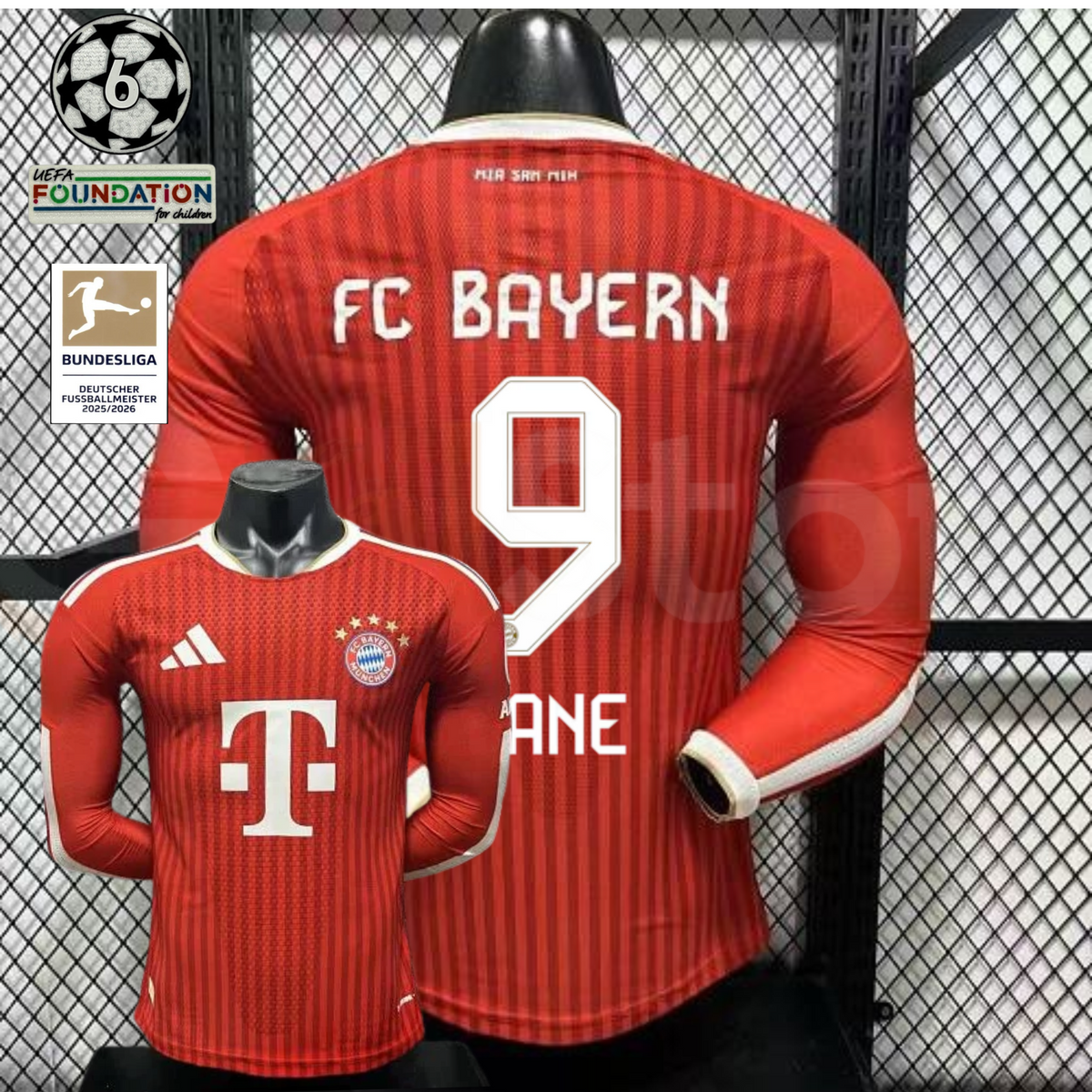  Front and back views of a red Bayern Munich long-sleeve home jersey with tonal stripes, white Kane number 9 print and Telekom sponsor, alongside UCL and Bundesliga badge graphics.