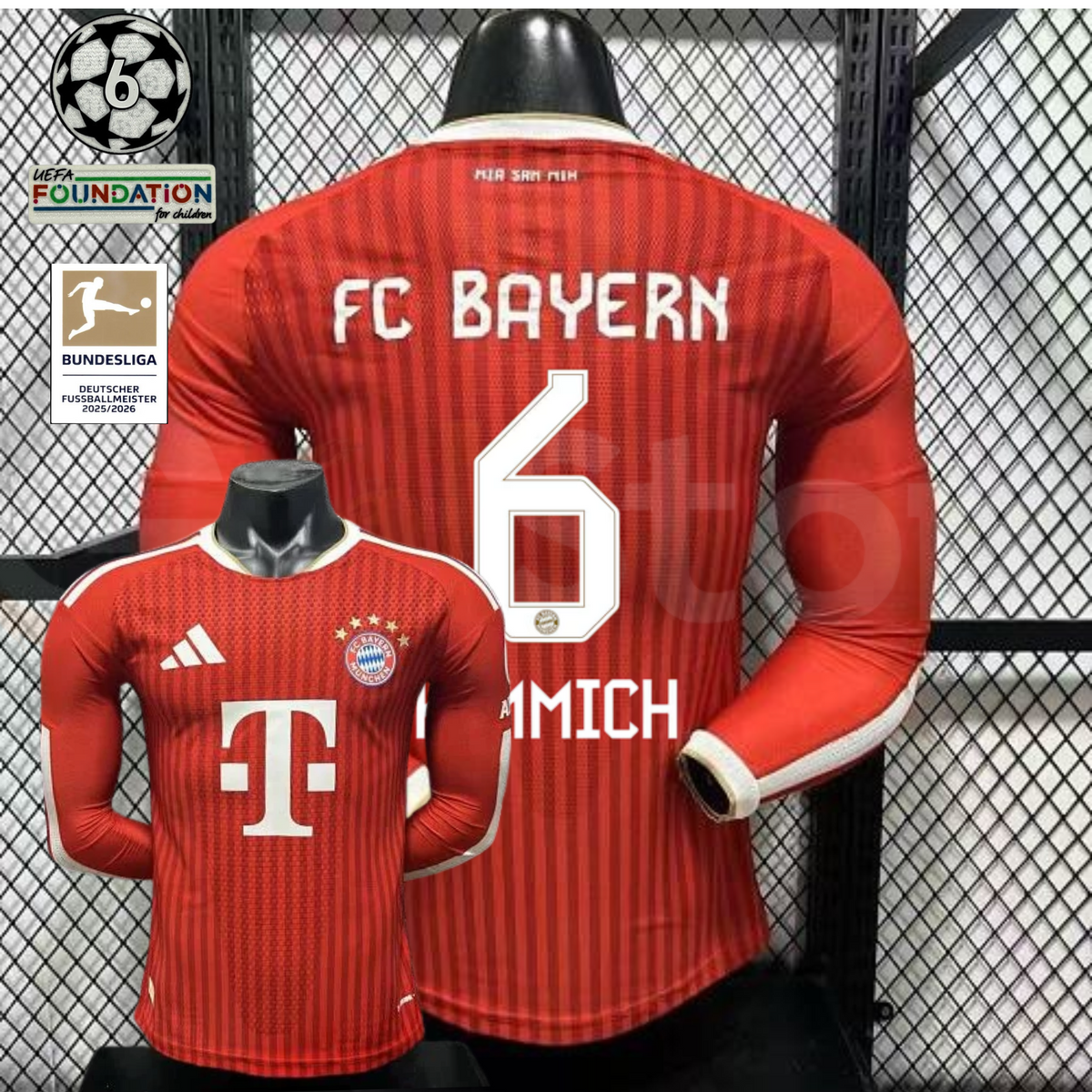  Front and back views of a red Bayern Munich long-sleeve home jersey with tonal stripes, white Kimmich number 6 print and Telekom sponsor, alongside UCL and Bundesliga badge graphics.