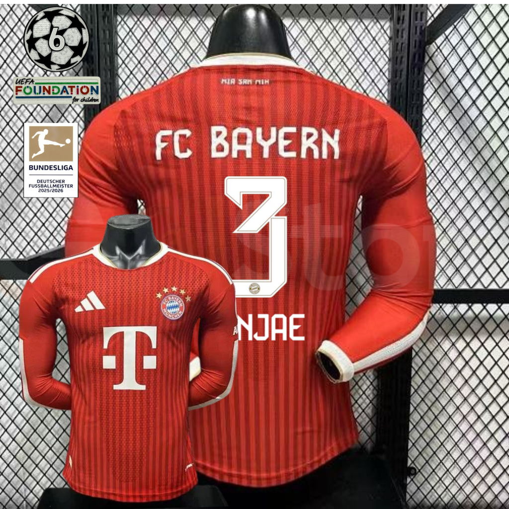  Front and back views of a red Bayern Munich long-sleeve home jersey with tonal stripes, white Minjae number 3 print and Telekom sponsor, alongside UCL and Bundesliga badge graphics.