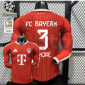  Front and back views of a red Bayern Munich long-sleeve home jersey with tonal stripes, white Minjae number 3 print and Telekom sponsor, alongside UCL and Bundesliga badge graphics.