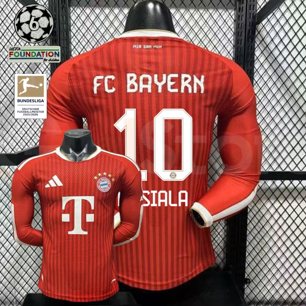 Front and back views of a red Bayern Munich long-sleeve home jersey with tonal stripes, white Musiala number 10 print and Telekom sponsor, alongside UCL and Bundesliga badge graphics.
