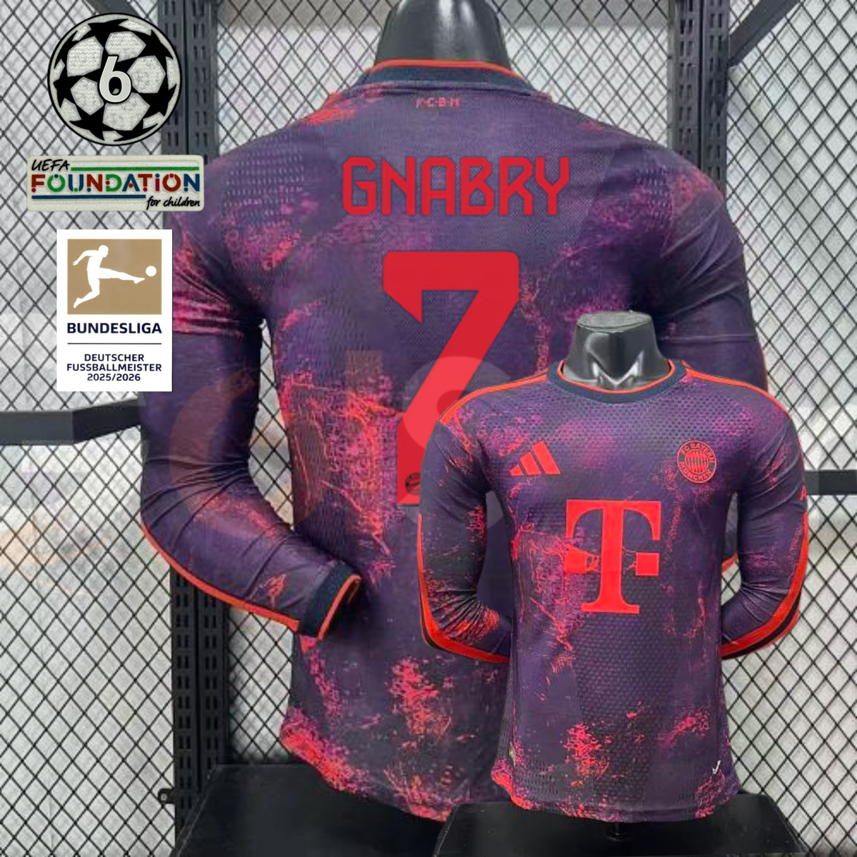 Front and back views of a purple Bayern Munich long-sleeve third jersey with red patterns and Gnabry number 7 print, alongside UCL and Bundesliga badge graphics.