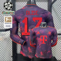 Front and back views of a purple Bayern Munich long-sleeve third jersey with red patterns and Olise number 17 print, alongside UCL and Bundesliga badge graphics.