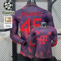  Front and back views of a purple Bayern Munich long-sleeve third jersey with red patterns and Pavlović number 45 print, alongside UCL and Bundesliga badge graphics.