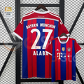Bayern Munich 2014–2015 retro home short-sleeve jersey, front and back views, with red and blue stripes, white trim and ALABA number 27 on the back.