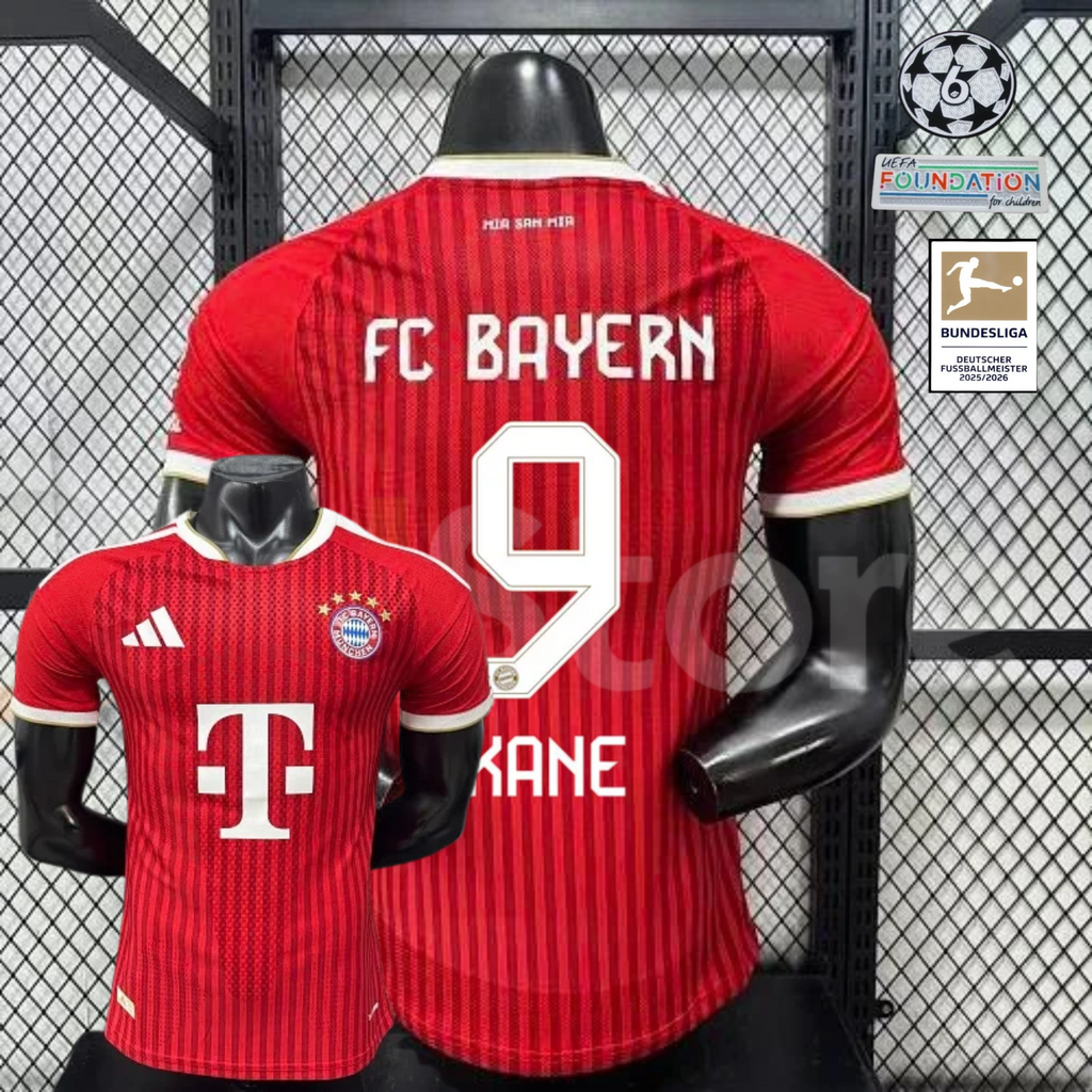 Red Bayern Munich short-sleeve home jersey, front and back views, with white trim and KANE number 9 on the back.