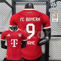 Red Bayern Munich short-sleeve home jersey, front and back views, with white trim and KANE number 9 on the back.