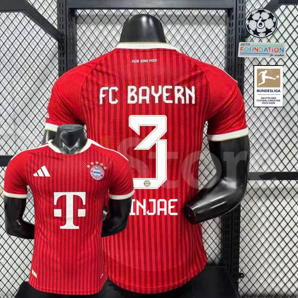 Red Bayern Munich short-sleeve home jersey, front and back views, with MINJAE and number 3 on the back.