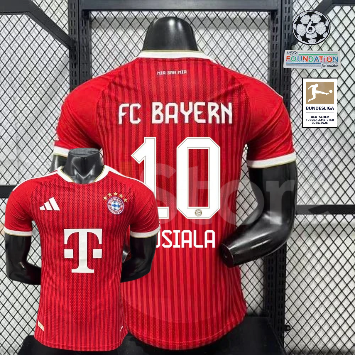 Red Bayern Munich short-sleeve home jersey, front and back views, with white trim and MUSIALA number 10 on the back.
