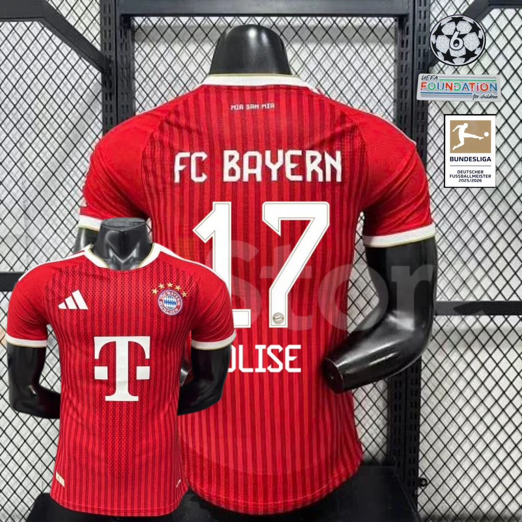 Red Bayern Munich short-sleeve home jersey, front and back views, with white trim and OLISE number 17 on the back.