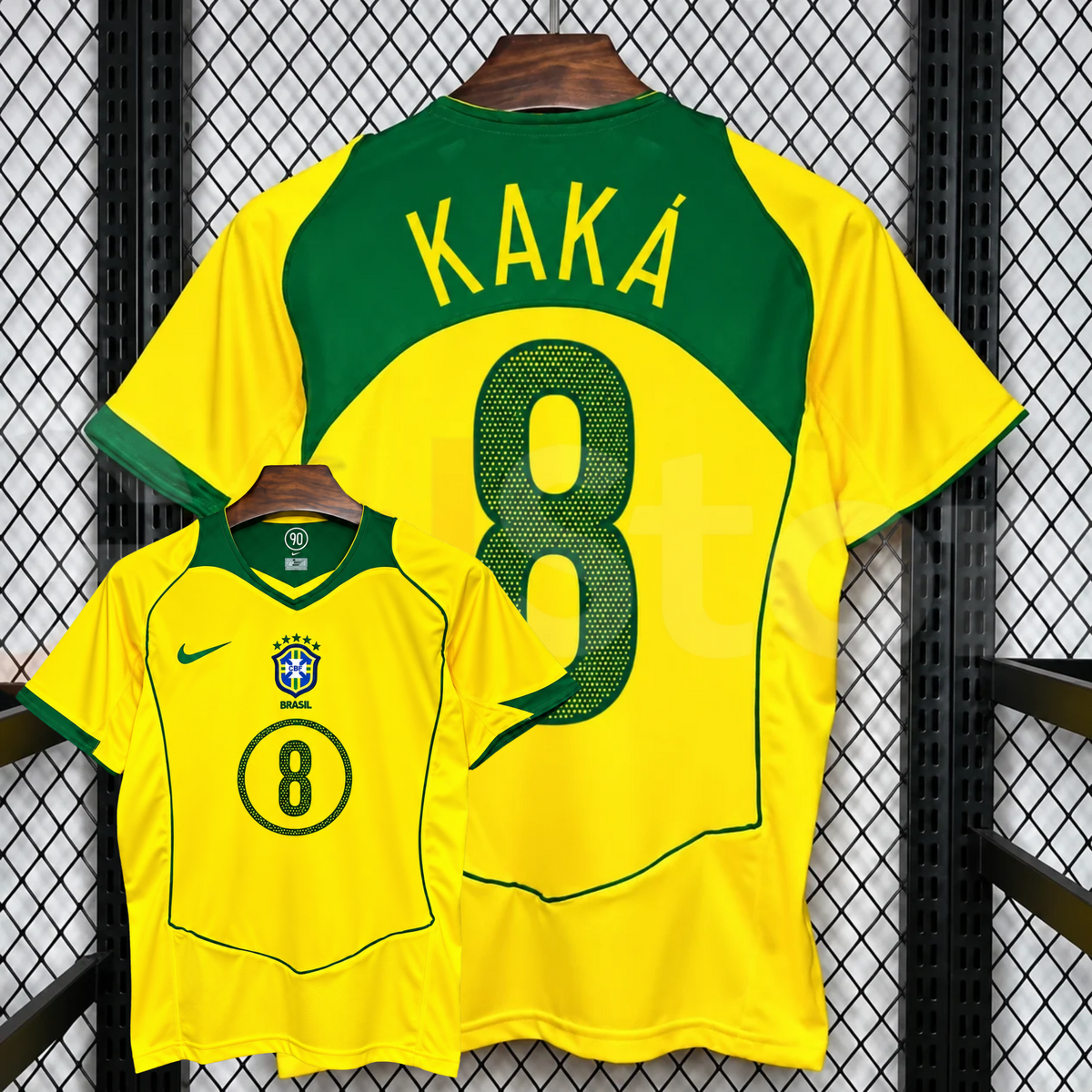 Front and back views of a yellow Brazil retro short-sleeve home jersey with green trim, yellow Kaká lettering on a green upper back panel and green number 8 print.