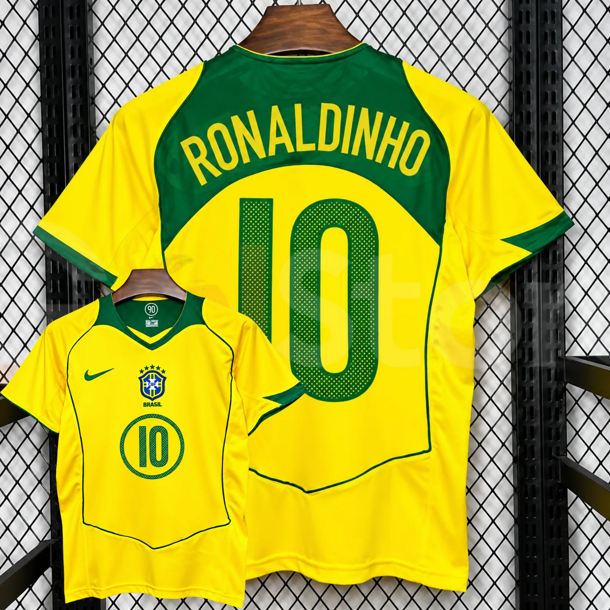Front and back views of a yellow Brazil retro short-sleeve home jersey with green trim, yellow Ronaldinho lettering on a green upper back panel and green number 10 print.