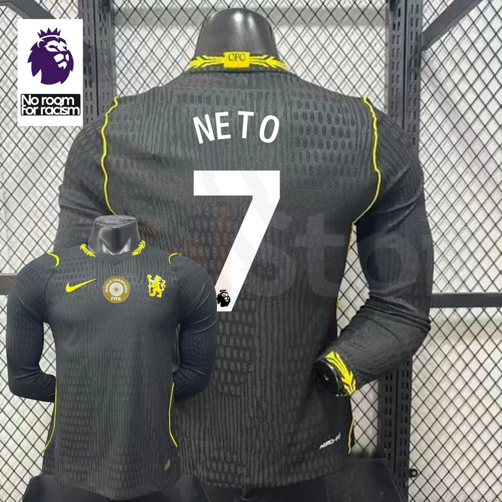 Chelsea dark grey long-sleeve jersey shown from the front and back, with white NETO 7 print, neon yellow details and a gold FIFA World Champions chest badge.
