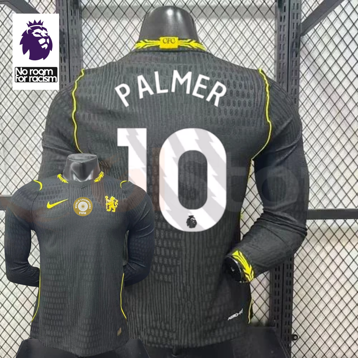 Chelsea dark grey long-sleeve jersey shown from the front and back, with white PALMER 10 print, neon yellow details and a gold FIFA World Champions chest badge.
