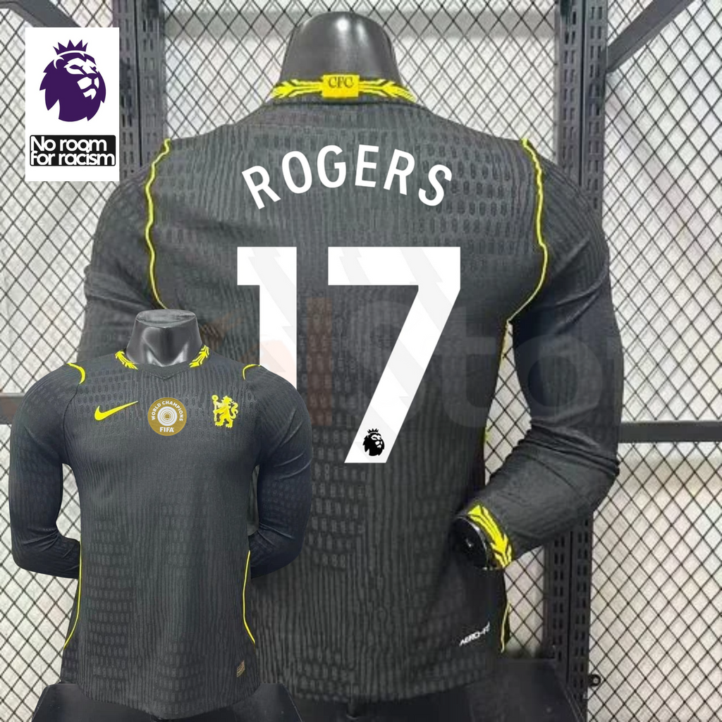 Chelsea dark grey long-sleeve jersey shown from the front and back, with white ROGERS 17 print, neon yellow details and a gold FIFA World Champions chest badge.
