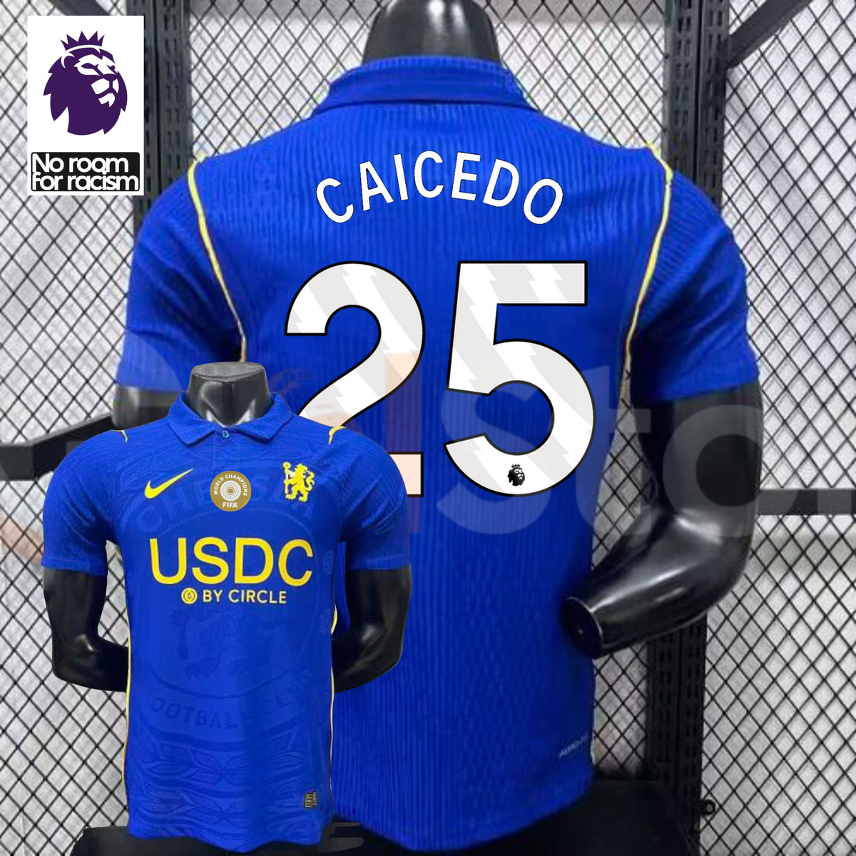 Front and back views of a blue Chelsea short-sleeve jersey with yellow details, white Caicedo number 25 print and a gold chest badge, alongside a Premier League graphic.