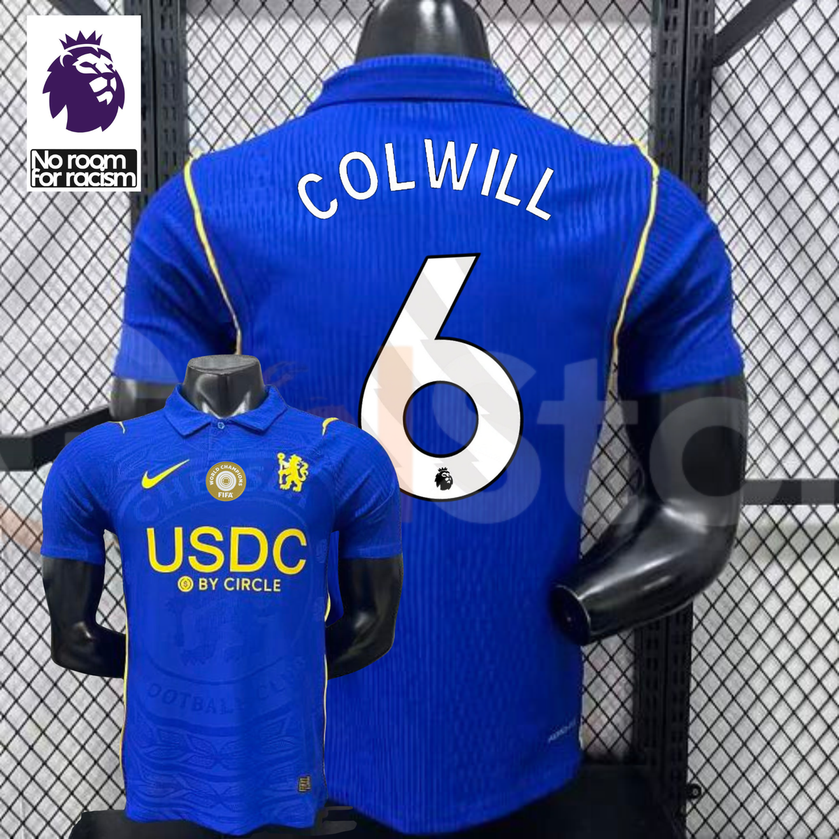 Front and back views of a blue Chelsea short-sleeve jersey with yellow details, white Colwill number 6 print and a gold chest badge, alongside a Premier League graphic.