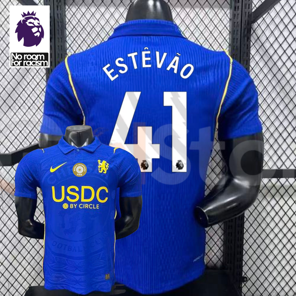 Front and back views of a blue Chelsea short-sleeve jersey with yellow details, white Estêvão number 41 print and a gold chest badge, alongside a Premier League graphic.