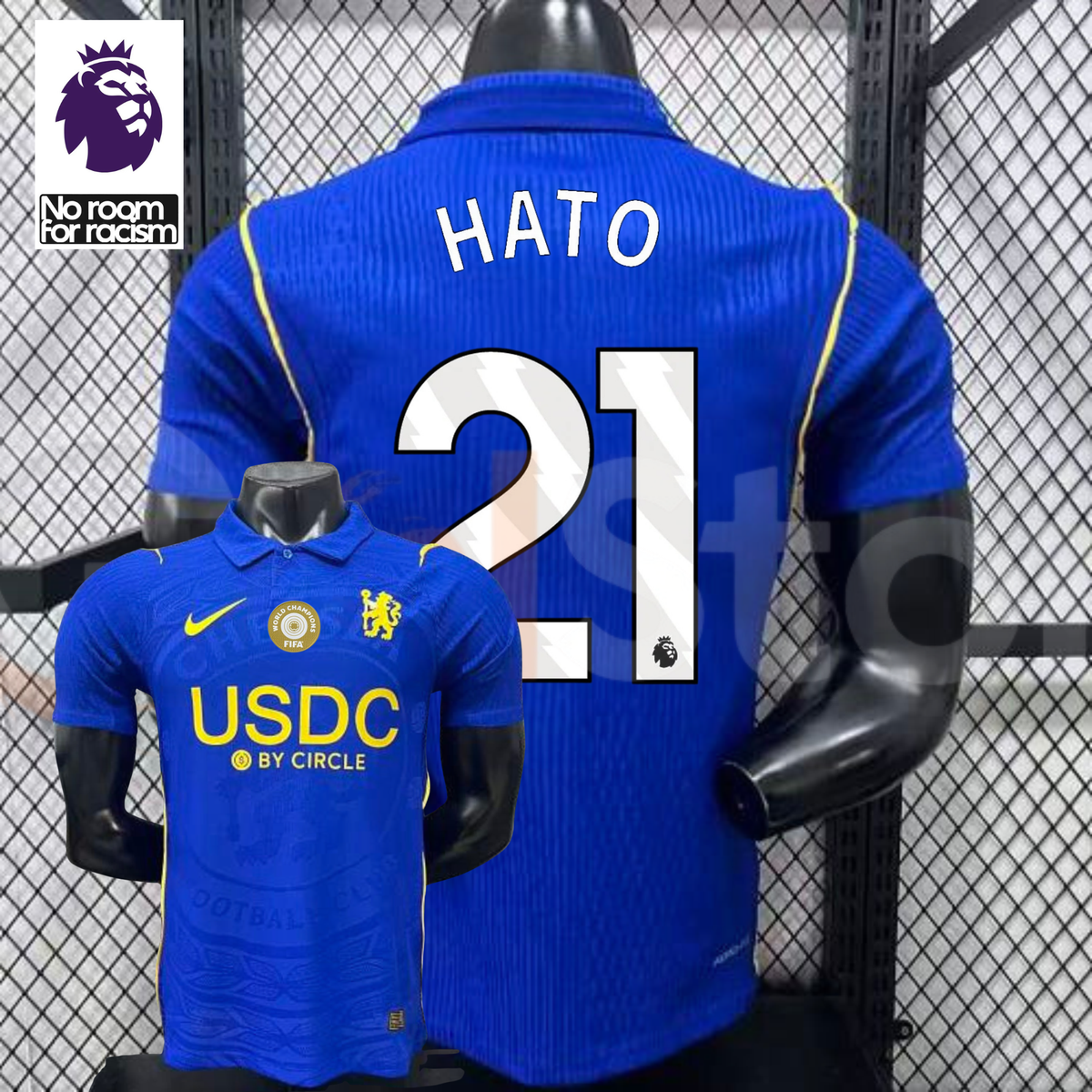 Front and back views of a blue Chelsea short-sleeve jersey with yellow details, white Hato number 21 print and a gold chest badge, alongside a Premier League graphic.