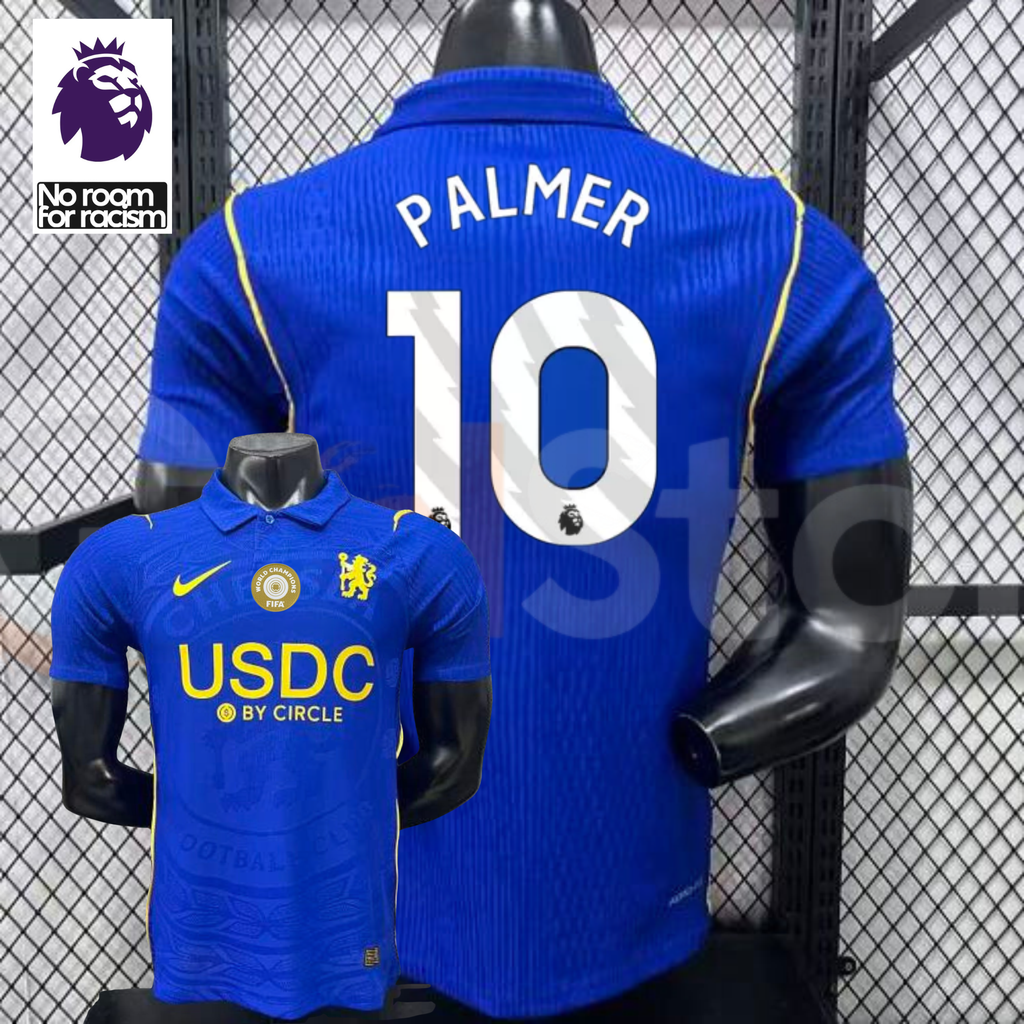 Front and back views of a blue Chelsea short-sleeve jersey with yellow details, white Palmer number 10 print and a gold chest badge, alongside a Premier League graphic.