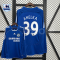 Front and back views of a blue Chelsea retro long-sleeve home jersey with white Anelka #39 printing, white sleeve stripes and Samsung Mobile sponsor lettering.