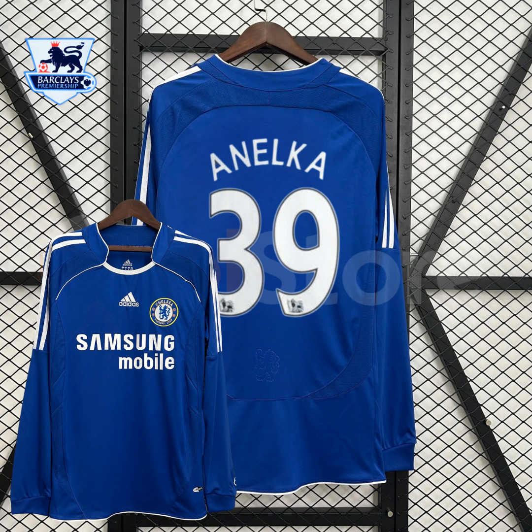 Front and back views of a blue Chelsea retro long-sleeve home jersey with white Anelka #39 printing, white sleeve stripes and Samsung Mobile sponsor lettering.