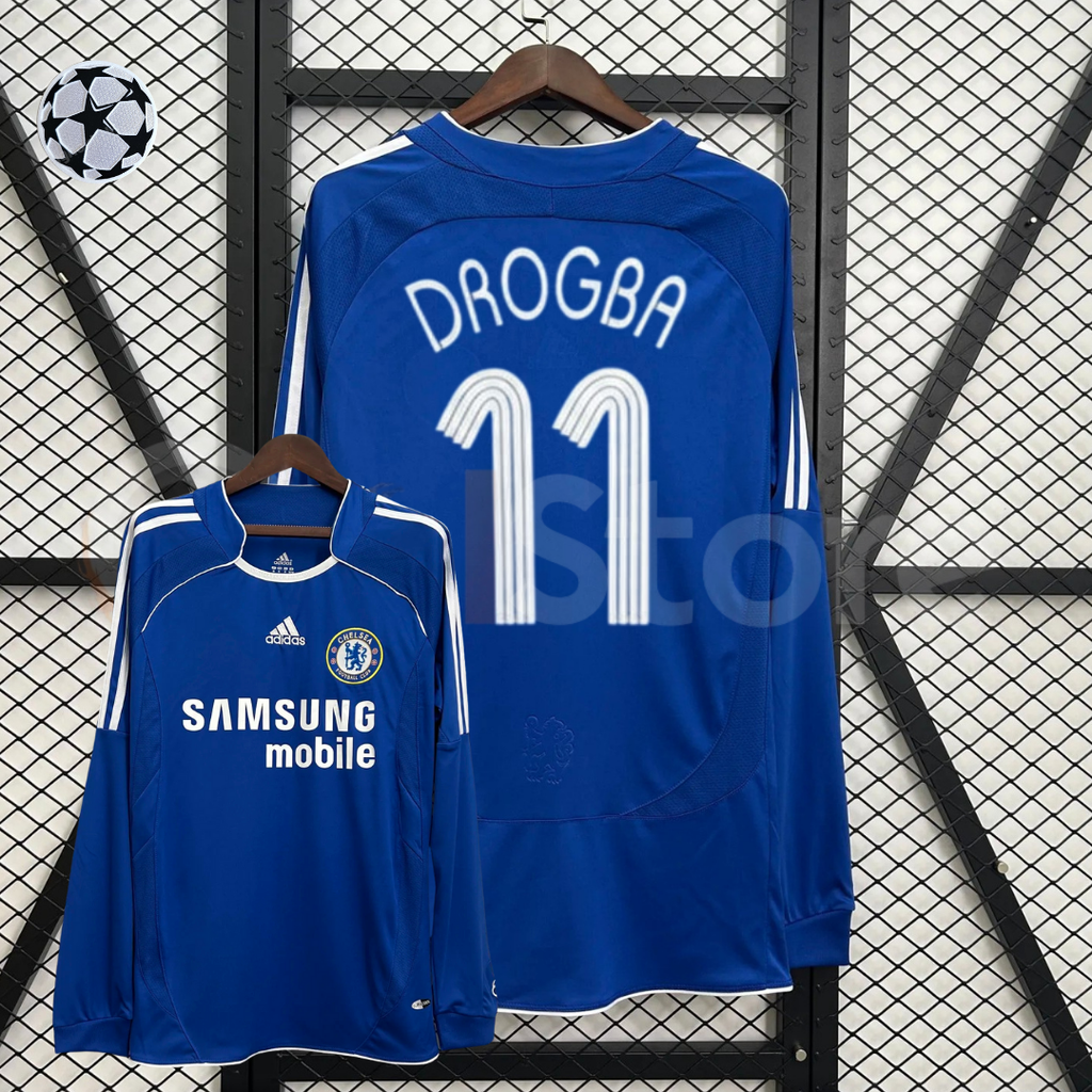 Front and back views of a blue Chelsea FC 2006–2007 long-sleeve home jersey with white Drogba #11 printing, white sleeve stripes and Samsung Mobile sponsor lettering.