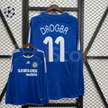 Front and back views of a blue Chelsea FC 2006–2007 long-sleeve home jersey with white Drogba #11 printing, white sleeve stripes and Samsung Mobile sponsor lettering.
