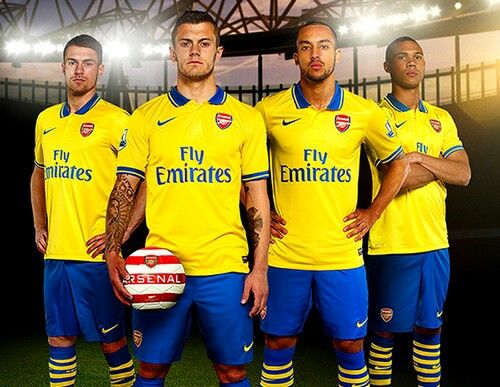 Arsenal FC 2013-2014 Retro Away Jersey | Custom Name & Number Men's Soccer Shirt - Short Sleeve Yellow & Blue Edition with Optional UCL or Premier League Patches