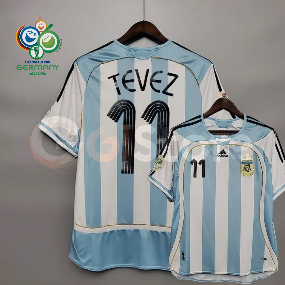 Argentina 2006 World Cup Home Retro Short Sleeve Jersey #11 Tevez Personalized S-2XL